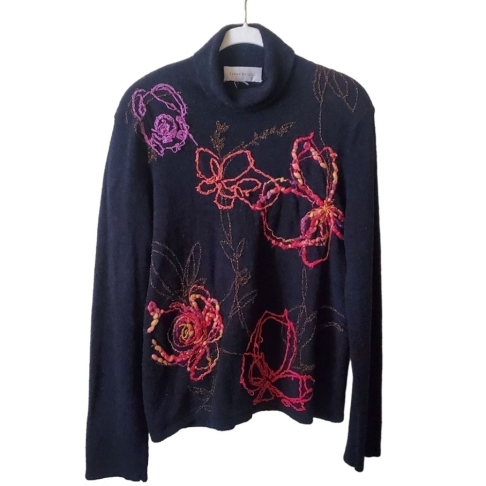 Susan Bristol Vintage Black Multi Media Turtleneck Sweater Size M - Picture 2 of 8